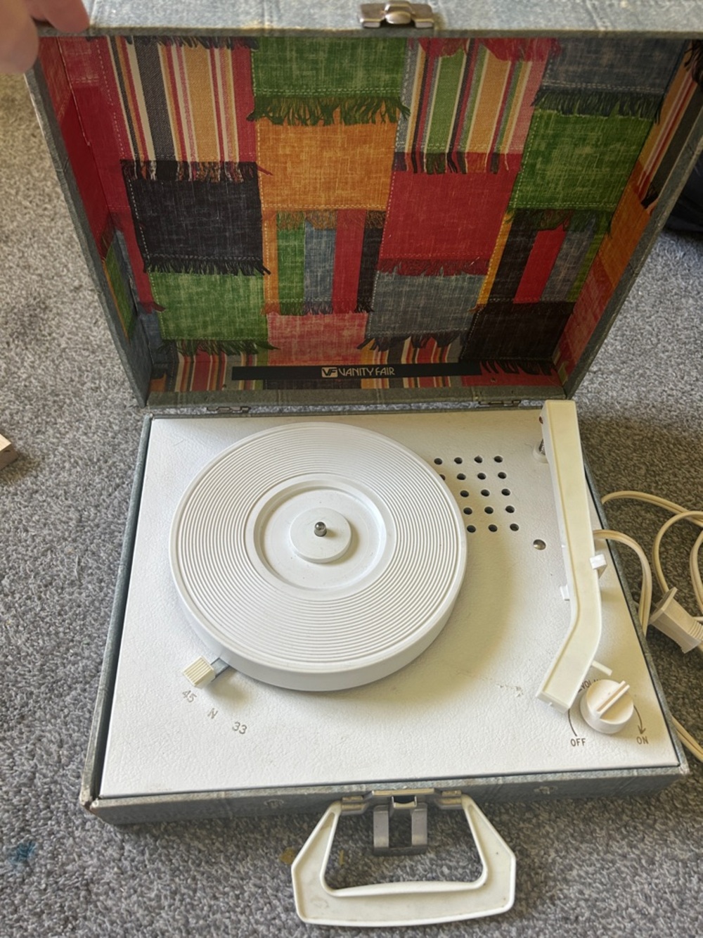 Vanity Fair Retro Portable Record Player with Multicolor Lined Case